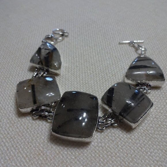 Natural BLACK TOURMALINE QUARTZ Handmade Sterling Bracelet Size 8 1/4" #802B - Picture 2 of 3